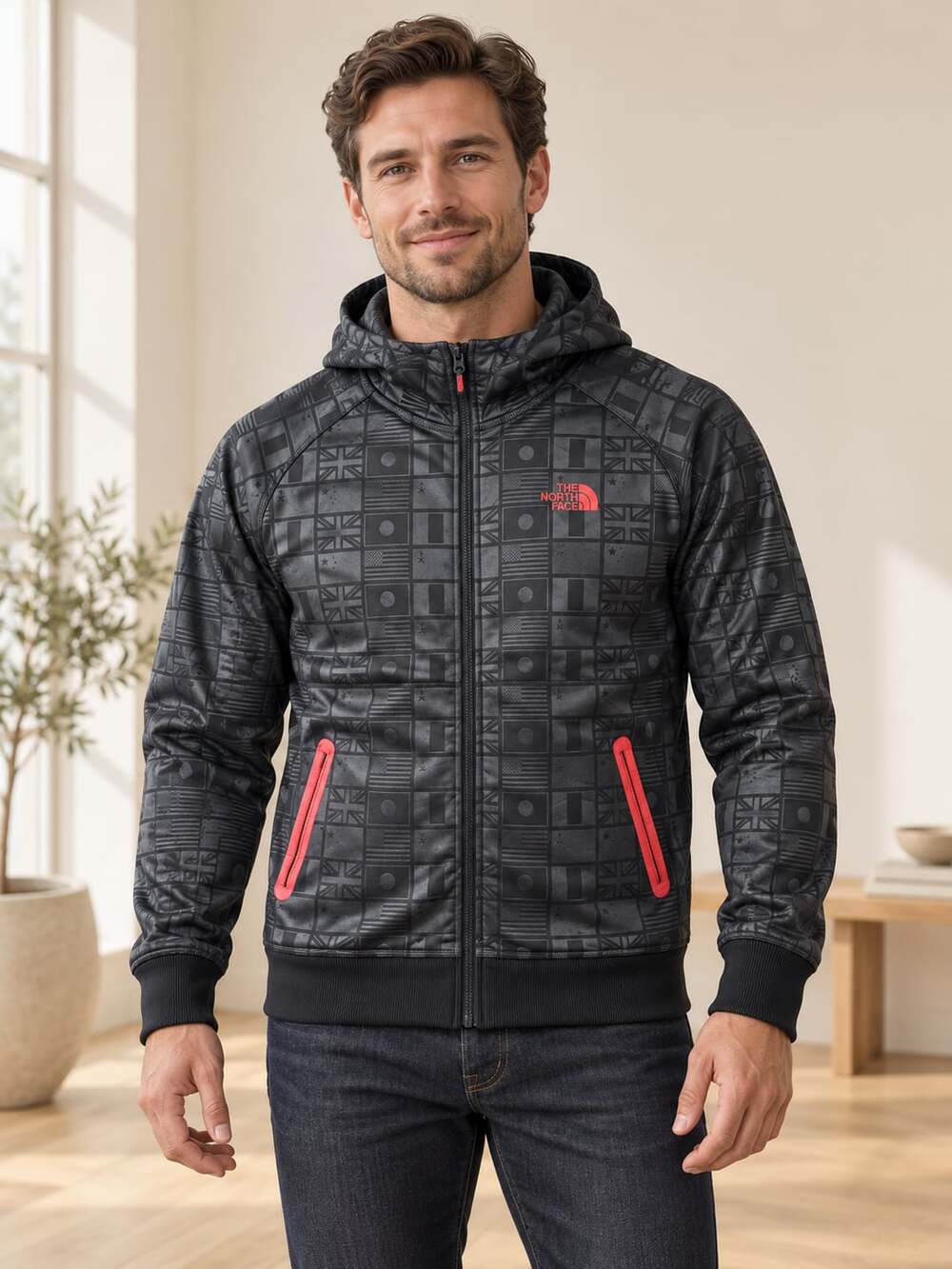 The North Face Full Zip Hoodie XL Black Flags Graphic Zip Up Sweatshirt